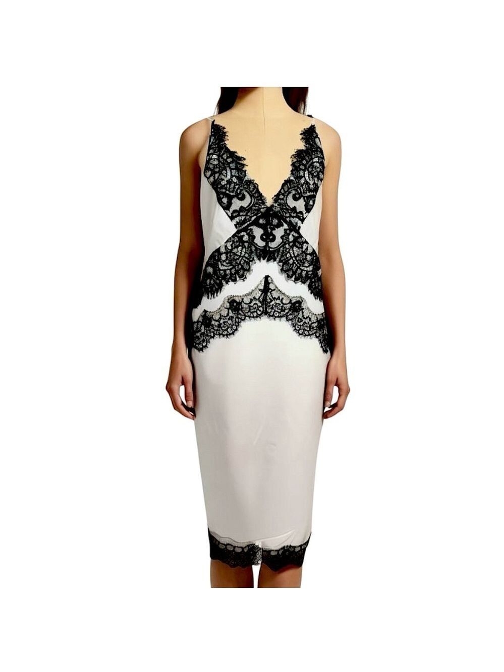 White Satin Slip Midi Dress with Black Lace 8 Halter Open Back Feminine Romantic